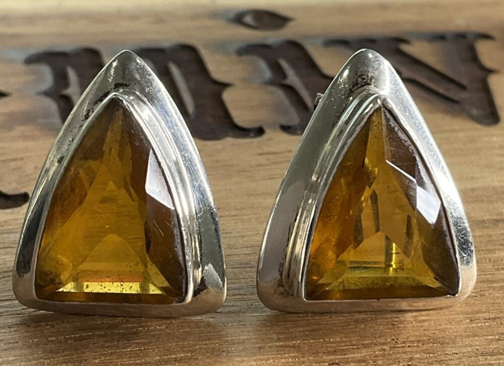 Vintage Sterling Silver Baltic Amber Honey Triangle French Clip Earrings 11g